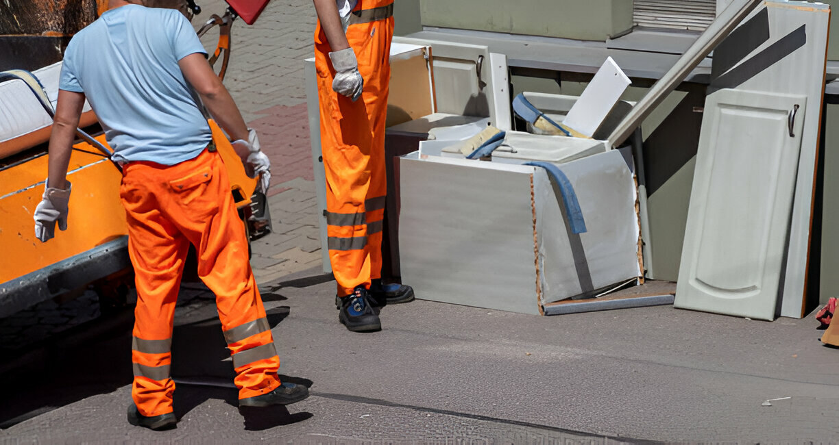 Professional junk removal team removing old cabinets and household items