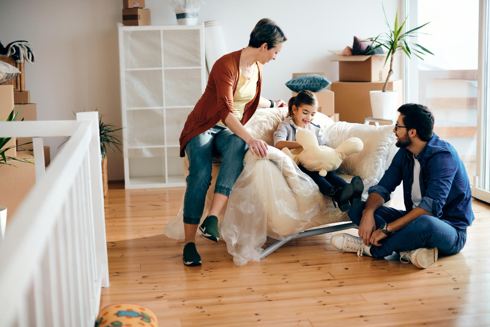 Family relaxing in a clean and organized living room