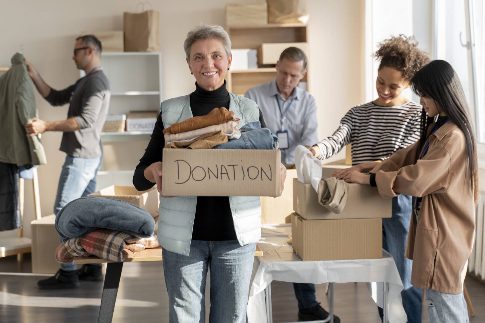 Volunteers sorting donated clothing and household items for local charities