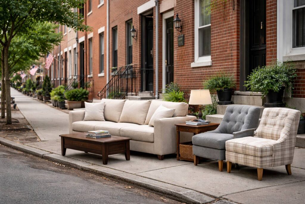 couch, chairs, and table placed on sidewalk outside brick row homes for curbside furniture removal