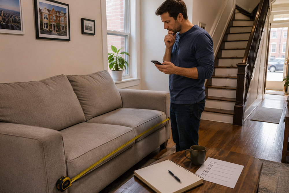 Man measuring sofa before moving in living room